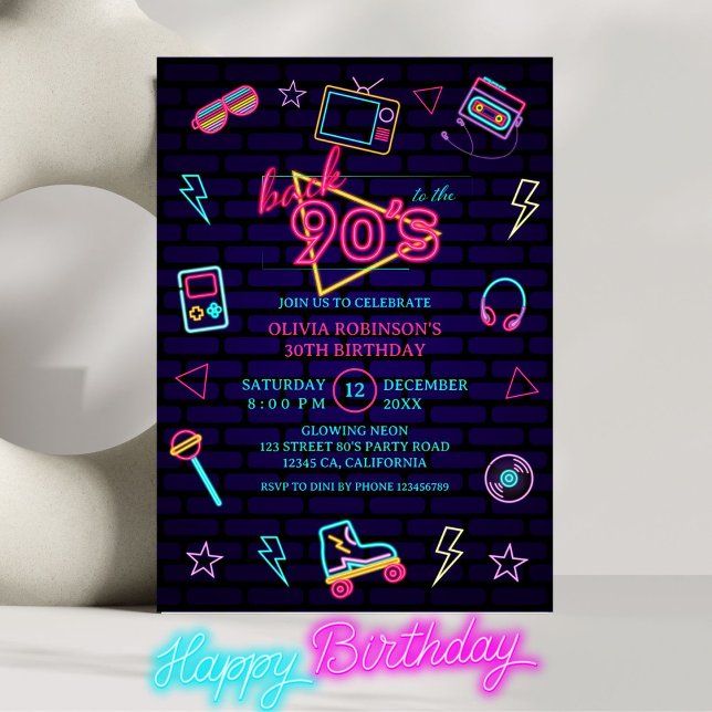 Invitation Retour aux années 90 Retro Neon fête d'anniversair (Créateur téléchargé)