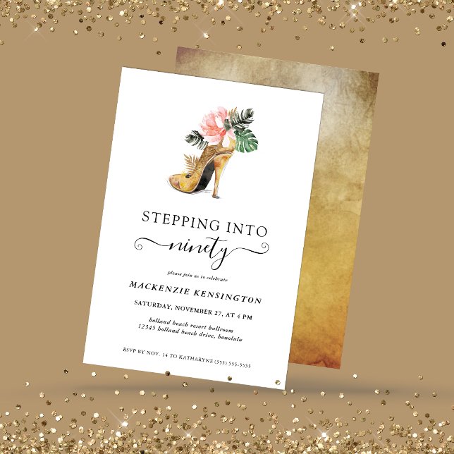 Invitation Retour En 90 Talons D'Or Floral Chic Anniversaire (Créateur téléchargé)