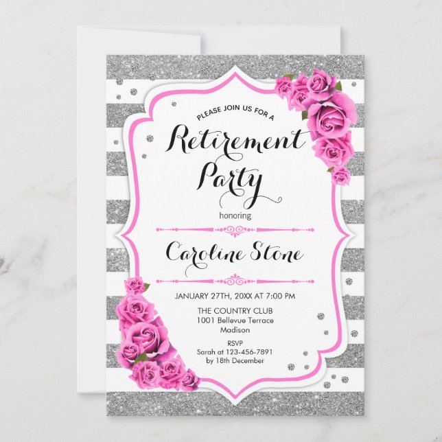 Invitation Retraite - Argent Blanc Tirages Roses Rose (Devant)