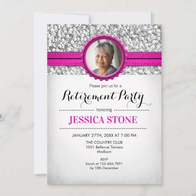 Invitation Retraite avec photo - Argent Rose Blanc (Devant)