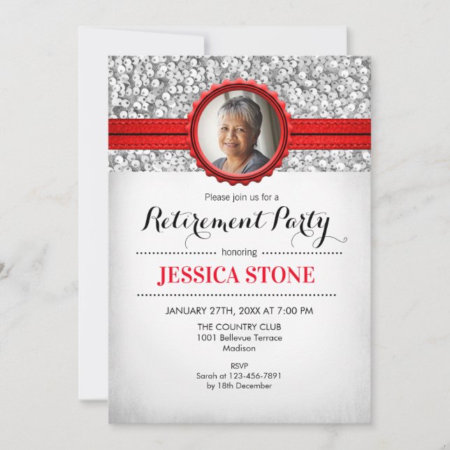 Invitation Retraite avec photo - Rouge Argent Blanc (Devant)