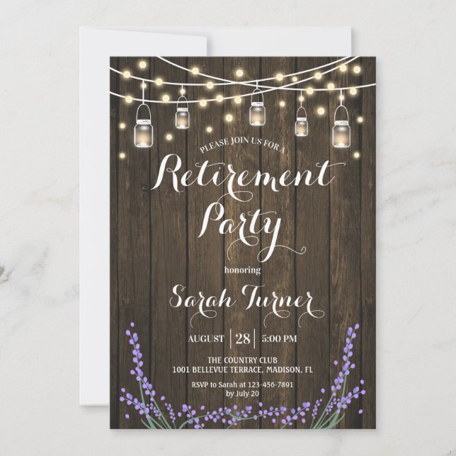Invitation Retraite - Bois rustique, Lavande, Lumières (Devant)