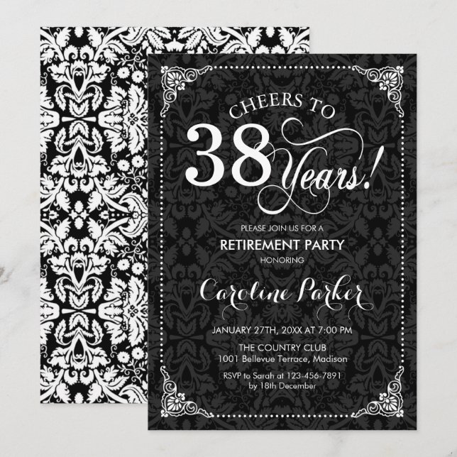 Invitation Retraite - Damas noir et blanc (Devant / Derrière)