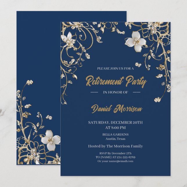Invitation Retraite de cadre floral or élégant Marine 2025 (Devant / Derrière)