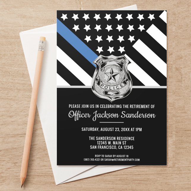 Invitation Retraite de police Drapeau de la ligne bleue Force (Perfect invitations to invite guests to honor the retiring police and law enforcement officer.)
