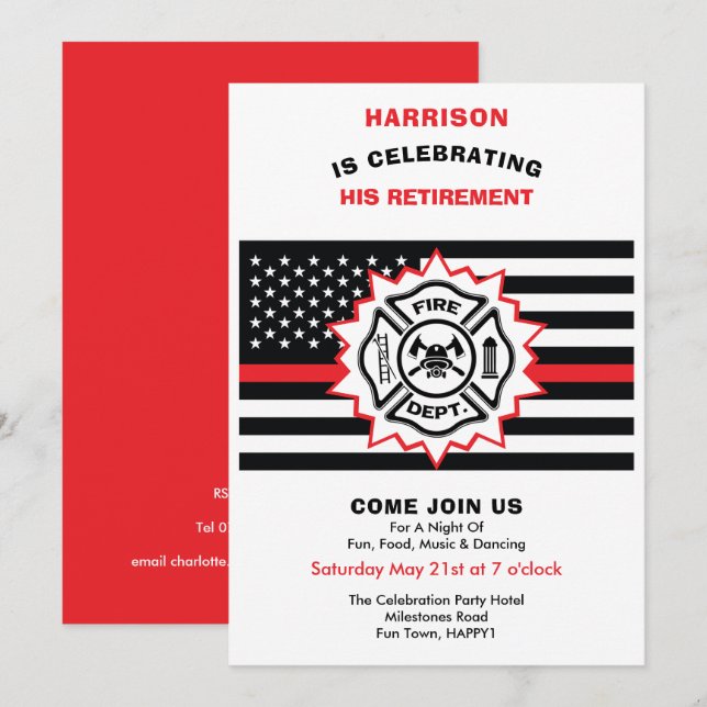 Invitation Retraite des pompiers Légère Fête de la ligne roug (Devant / Derrière)