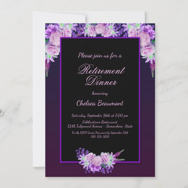 Invitation Retraite Dîner Floral Noir et Violet (Devant)