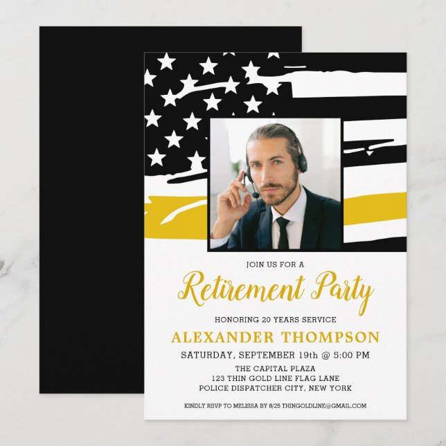 Invitation Retraite du répartiteur - drapeau d'or photo perso (Devant / Derrière)