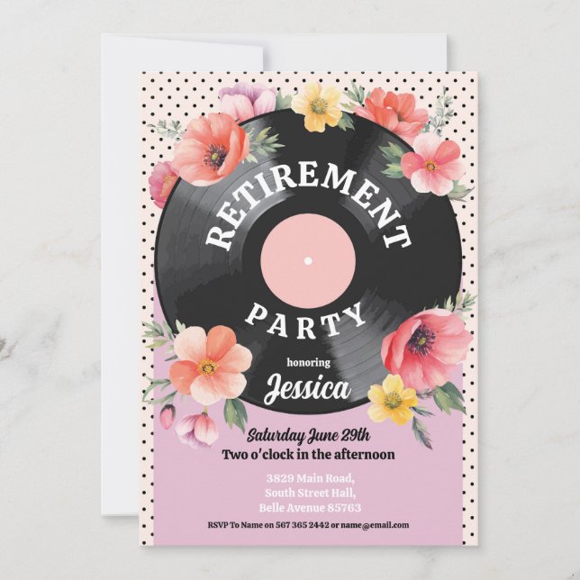 Invitation Retraite Femme Floral Summer Record Musique 1950 (Devant)