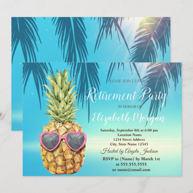 Invitation Retraite Feuille de palmier Tropical Cool Ananas (Devant / Derrière)