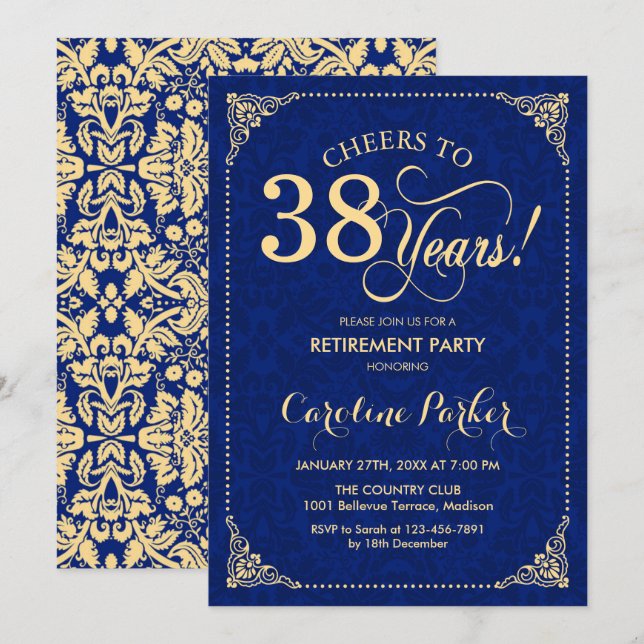 Invitation Retraite - Gold Navy Damask (Devant / Derrière)