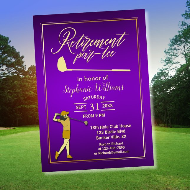 Invitation Retraite Golf Party Classique Violet Golden Woman (Créateur téléchargé)