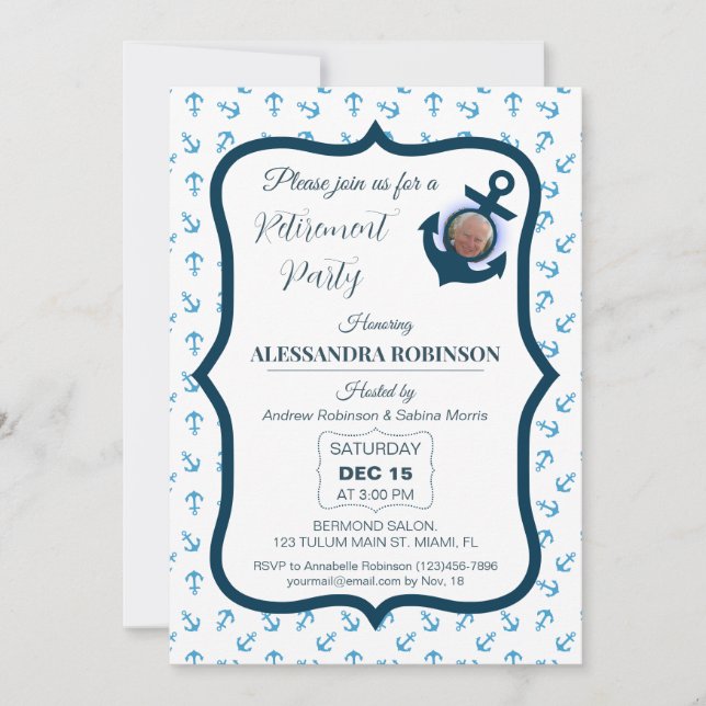 Invitation Retraite nautique Photo et Ancre Bleu marine (Devant)