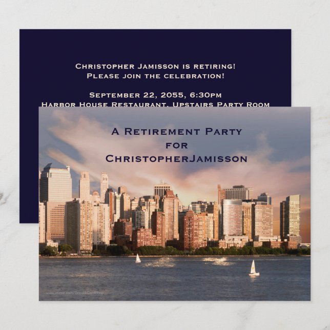 Invitation Retraite, NYC Manhattan Skyline, Nom, (Devant / Derrière)