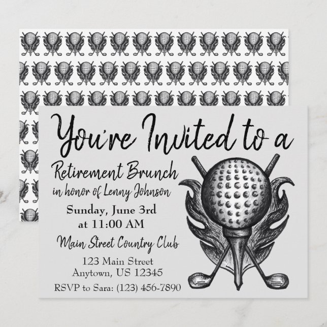 Invitation Retraite Petit Déjeuner Brunch Golf Ball Clubs Tee (Devant / Derrière)