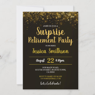 Invitation Retraite Surprise Fête Paillettes Noir Or