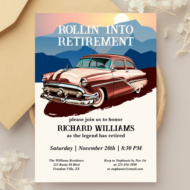 Invitation Retraite Voyage Retro classique thème de voiture (Créateur téléchargé)