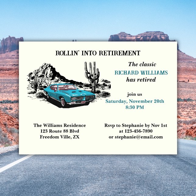 Invitation Retraite Voyage Vintage Car Desert Party (Créateur téléchargé)