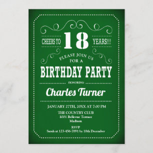 Invitation Retro 18e fête d'anniversaire - Vert Blanc