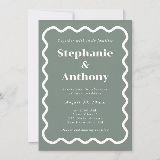 Invitation Retro 1950 Wavy Edge Sage Green Mariage (Devant)