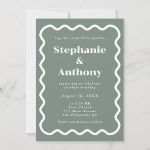 Invitation Retro 1950 Wavy Edge Sage Green Mariage