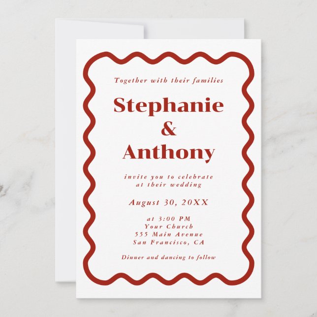 Invitation Retro 1950s Wavy Edge Mariage rouge foncé (Devant)