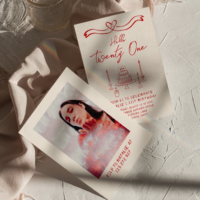 Invitation Retro 21st Gâteau Hello Twenty One Photo Anniversa (Créateur téléchargé)