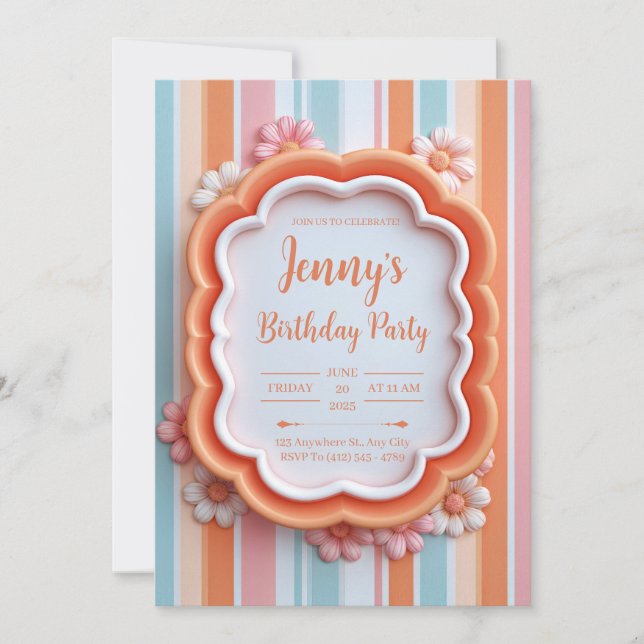 Invitation Retro 3D Gummy Flower Striped Frame Birthday (Devant)