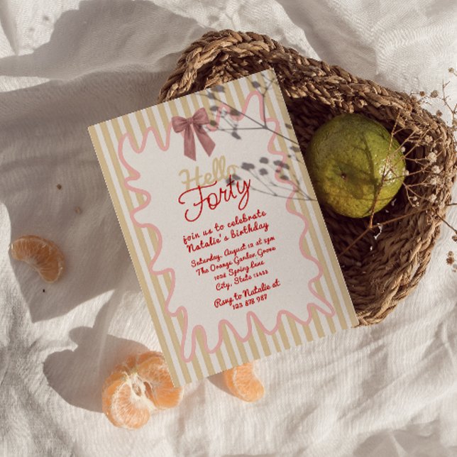 Invitation Retro 40ème Main Peint Bow Bonjour Quarante Annive (Créateur téléchargé)