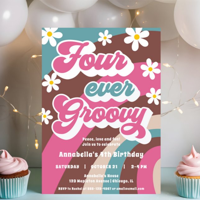 Invitation Retro 4ème anniversaire QUATRE fille super (Créateur téléchargé)