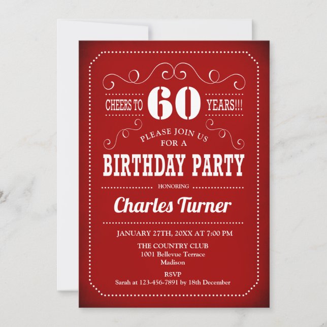 Invitation Retro 60e fête d'anniversaire - Rouge Blanc (Devant)