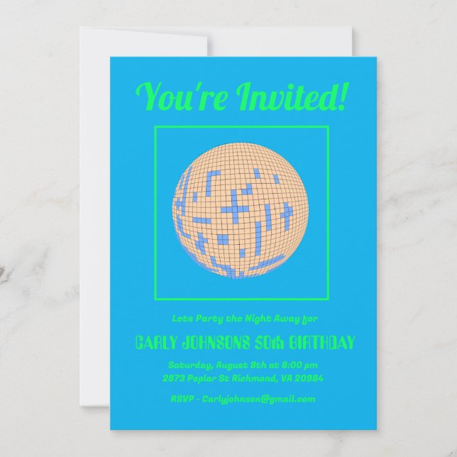 Invitation Retro 80s Blue Green Yellow Disco 50e anniversaire (Devant)