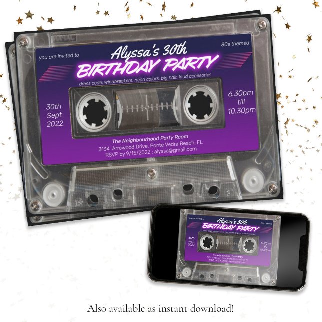 Invitation Retro 80s Cassette à thème Mixtape fête d'annivers (Retro 80s Themed Cassette Mixtape Birthday Party Invitation)