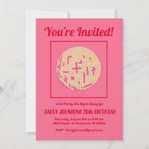 Invitation Retro 80s Hot Pink Red Disco 30e fête d'anniversai