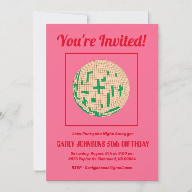 Invitation Retro 80s Hot rose Red Green Disco 50e anniversair (Devant)