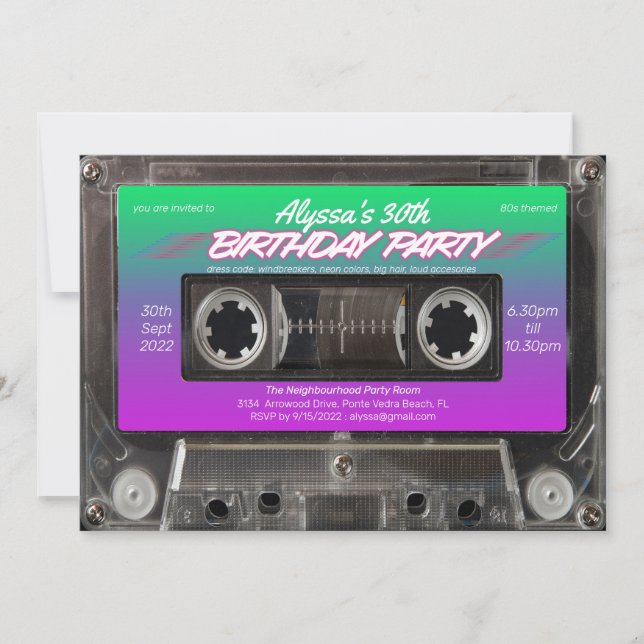 Invitation Retro 80s Neon Rose Green Cassette fête d'annivers (Devant)
