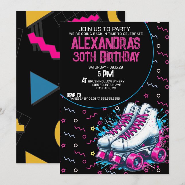 Invitation Retro 90's Roller Skating Birthday Party (Devant / Derrière)