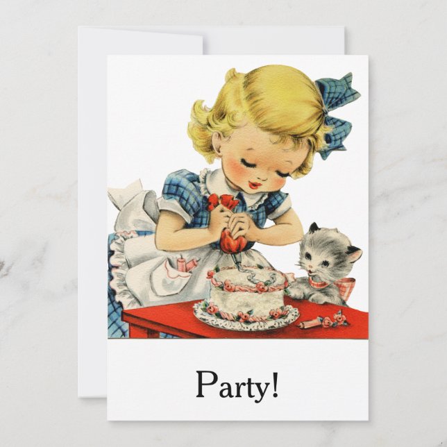 Invitation Rétro Anniversaire Fille Cake Cat Enfants Artwork (Dos)