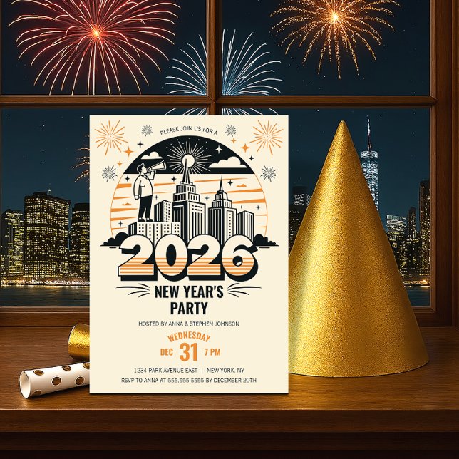 Invitation Retro annonce l'arrivée du Nouvel An 2026 (Retro New Year's party invitation front view.)