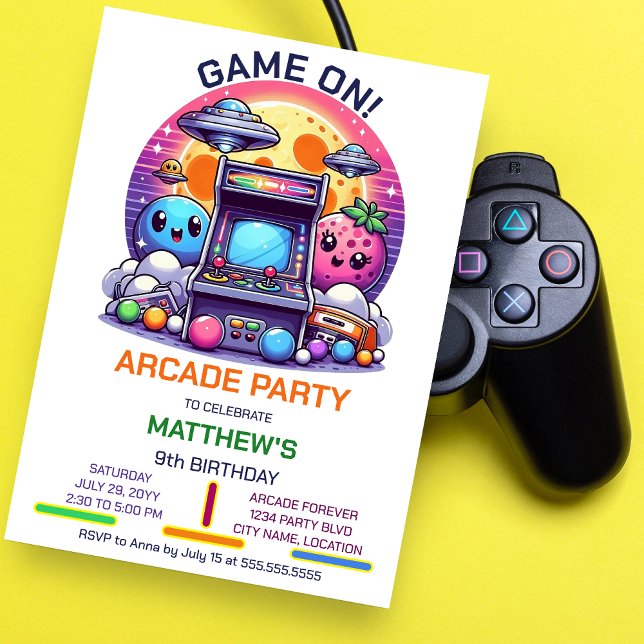 Invitation Retro Arcade fête d'anniversaire (Get ready to step back in time with this customizable fun retro arcade birthday party invitation.)