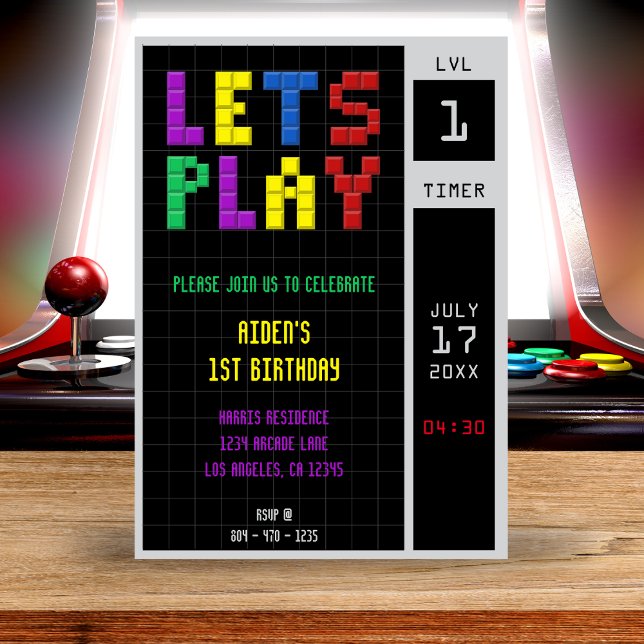 Invitation Retro Arcade Game Kids 1er anniversaire fête (Retro Arcade Game Kids 1st Birthday Party Invitation
)