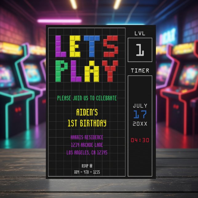 Invitation Retro Arcade Game Kids 1er anniversaire fête (Retro Arcade Game Kids 1st Birthday Party Invitation
)