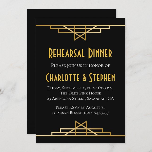 Invitation Retro Art Déco Grand Gatsby Gold & Black Mariage (Devant / Derrière)
