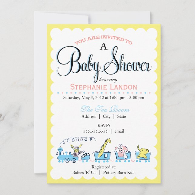 Invitation Rétro baby shower animal neutre du train | (Devant)