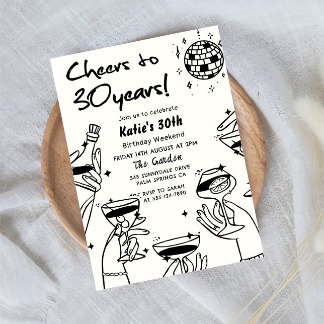 Invitation Retro Back White Main Drawn Funky 30e anniversaire (Créateur téléchargé)