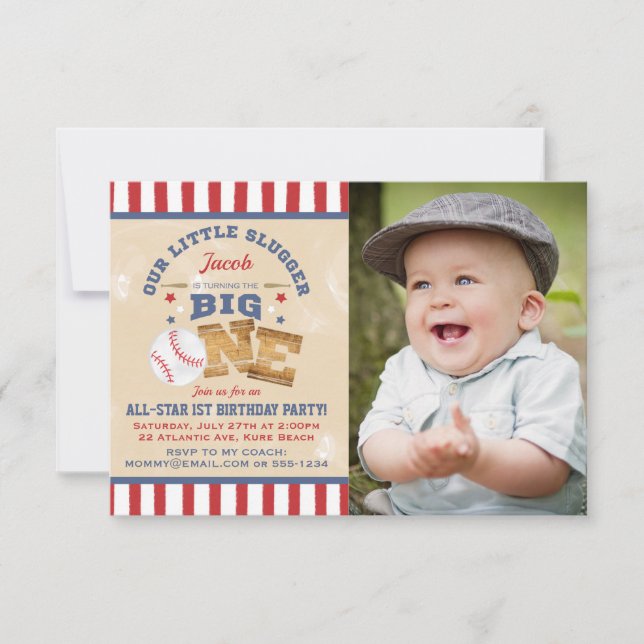Invitation Retro Baseball 1er Anniversaire Étoiles et rayures (Devant)