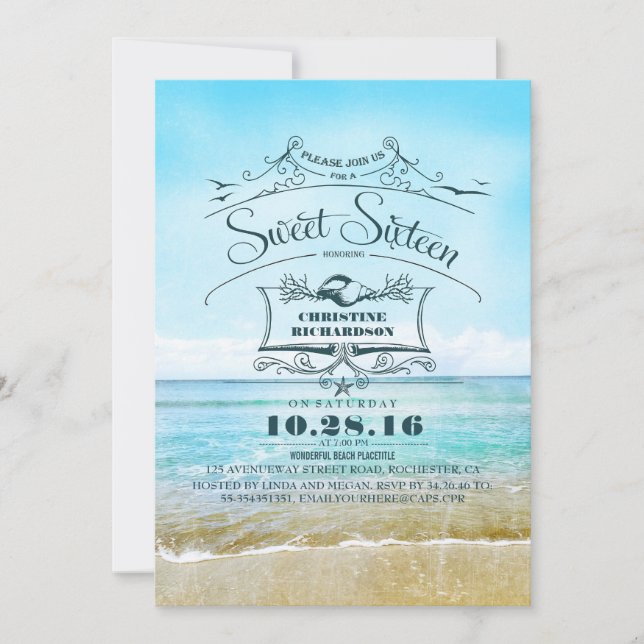 Invitation Retro Beach Ombre Mer Bleue Sweet Seize Ans (Devant)