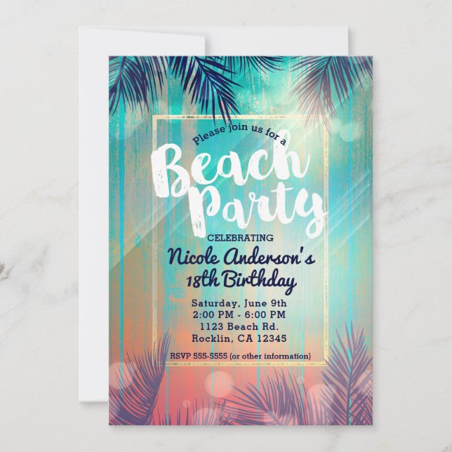 Invitation Retro BEACH PARTY Sunny Palm Trees été Anniversair (Devant)