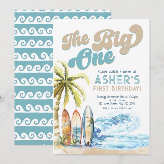 Invitation Retro Big One Surfer Beach 1er anniversaire (Devant / Derrière)