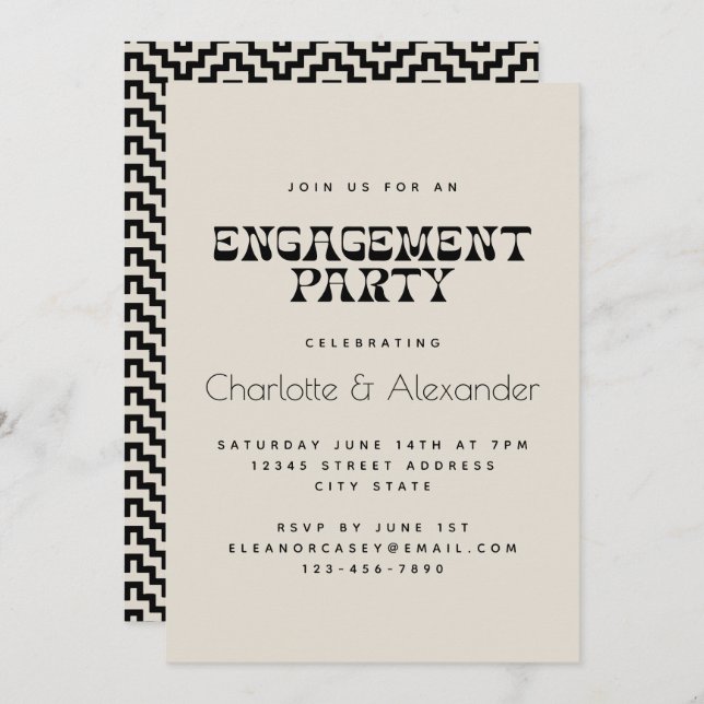 Invitation Retro Black and White Elegant Engagement Party (Devant / Derrière)